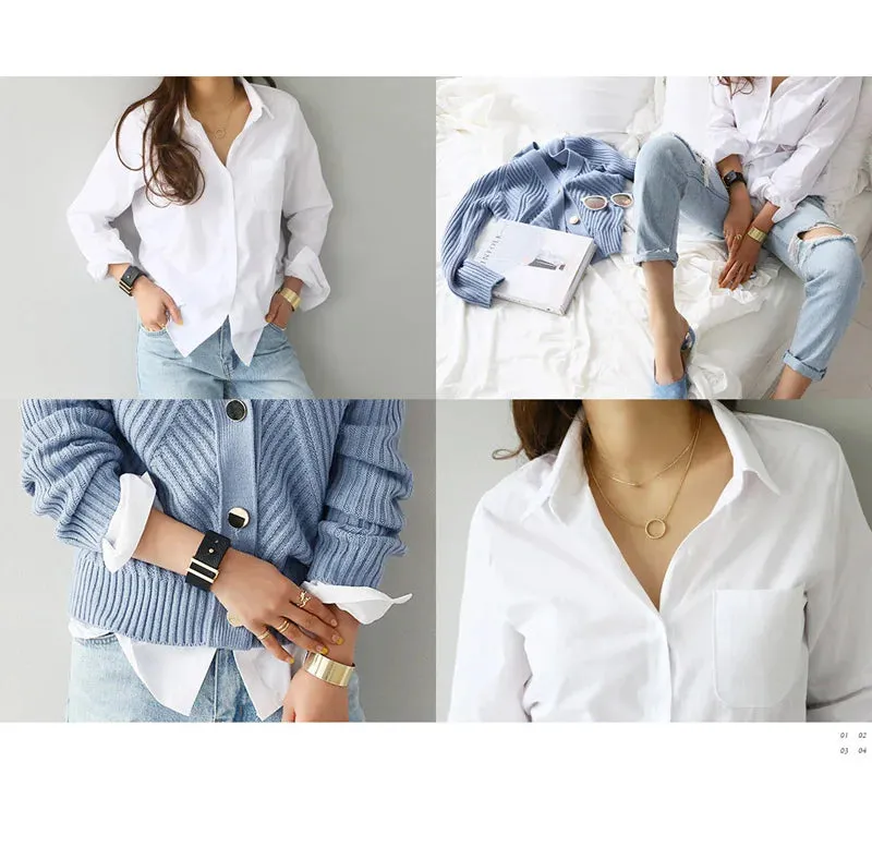 Summer Spring Turn Down Collar Button Long Sleeve Blouse Shirts 2024 Women OL Loose Korean White Blouse Tops OULY-7317