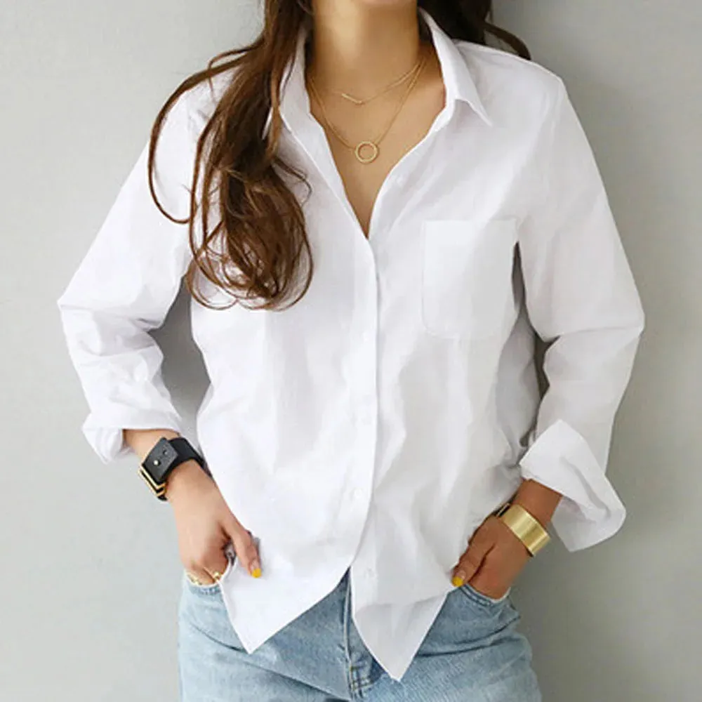 Summer Spring Turn Down Collar Button Long Sleeve Blouse Shirts 2024 Women OL Loose Korean White Blouse Tops OULY-7317