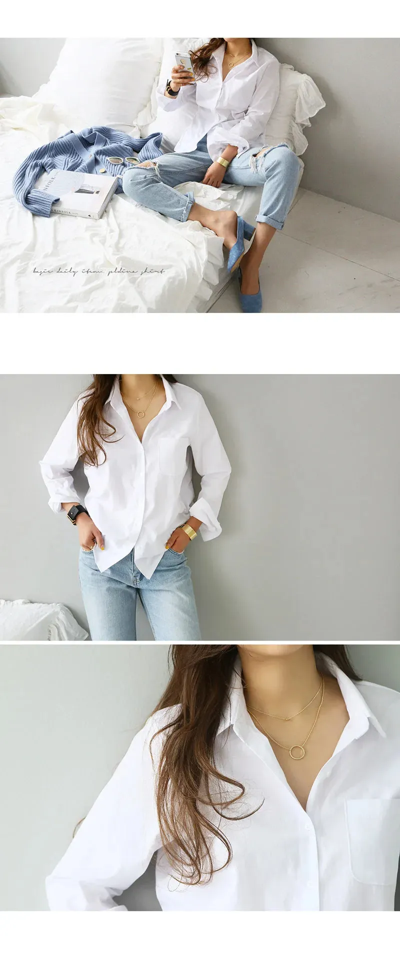 Summer Spring Turn Down Collar Button Long Sleeve Blouse Shirts 2024 Women OL Loose Korean White Blouse Tops OULY-7317