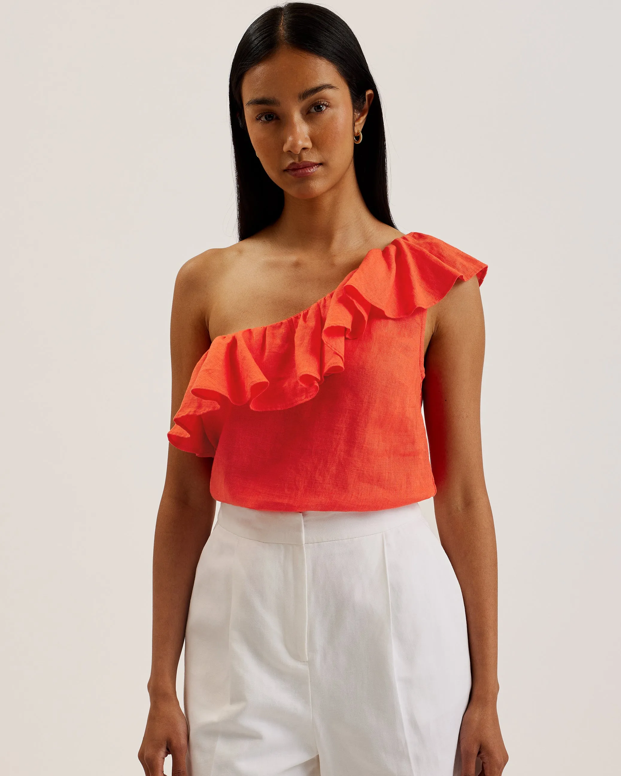 Symi Linen Ruffle One Shoulder Top Red