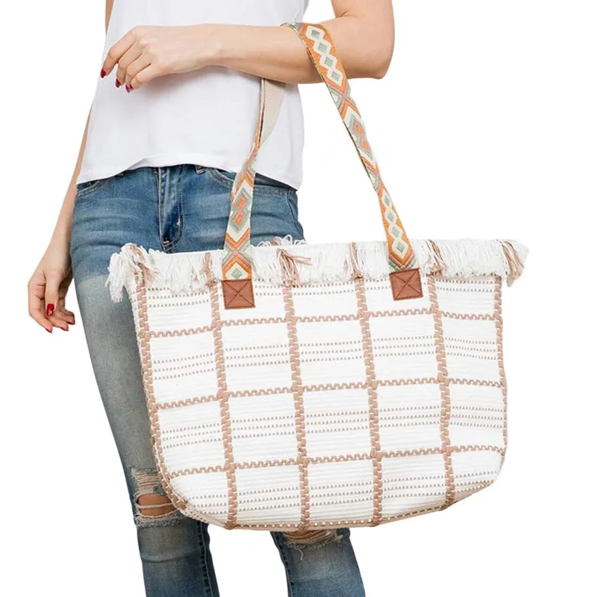 Top Fringe Pointed Check Patterned Tote Bag