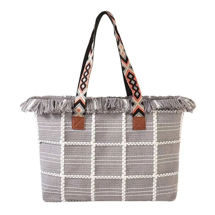 Top Fringe Pointed Check Patterned Tote Bag