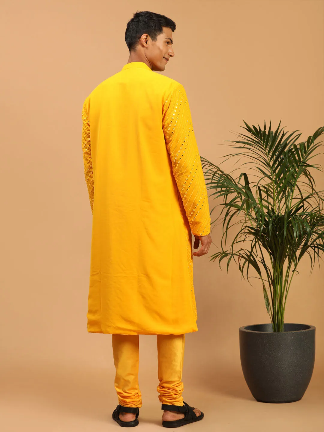 VASTRAMAY Baap Beta Yellow Mirror Kurta Pyjama Set