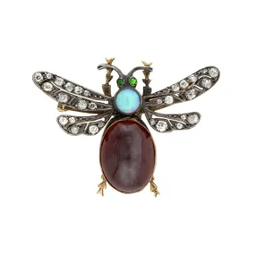 Victorian 14k   Sterling Diamond, Opal, & Garnet Bug Pin