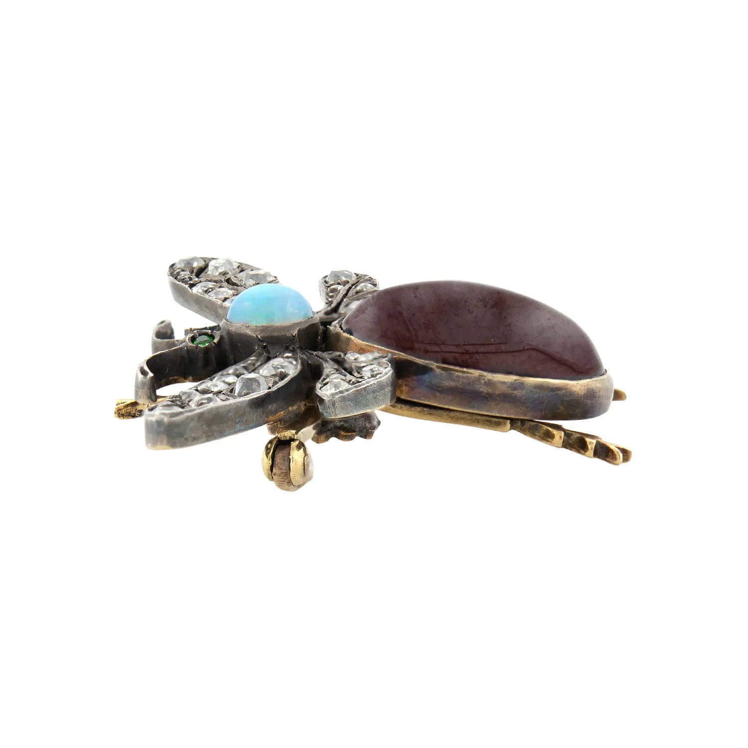 Victorian 14k   Sterling Diamond, Opal, & Garnet Bug Pin