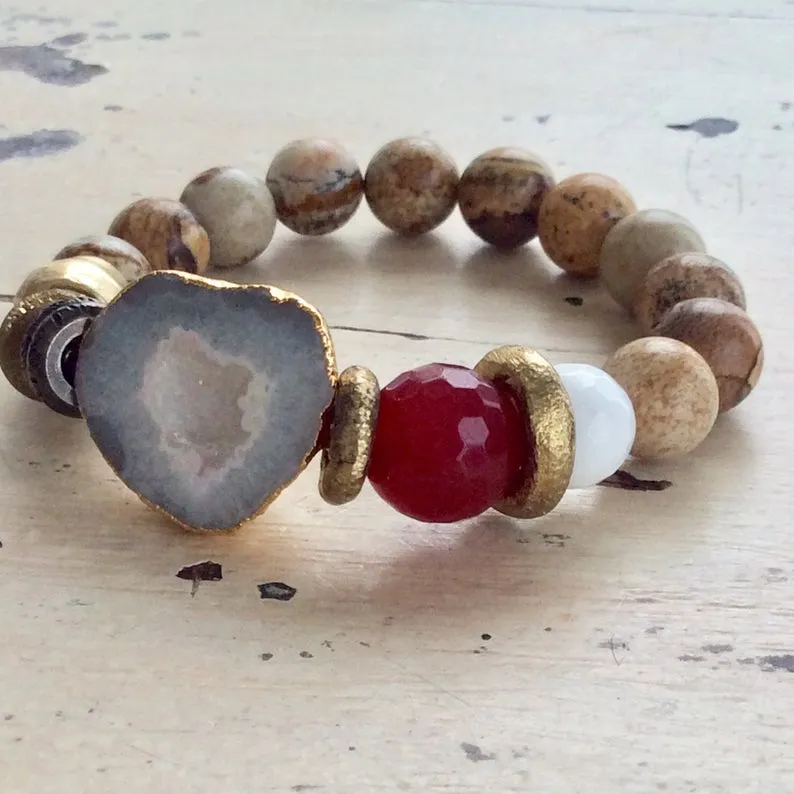 White Clear Quartz bracelet Druzy Crystal Natural Jasper Bracelet