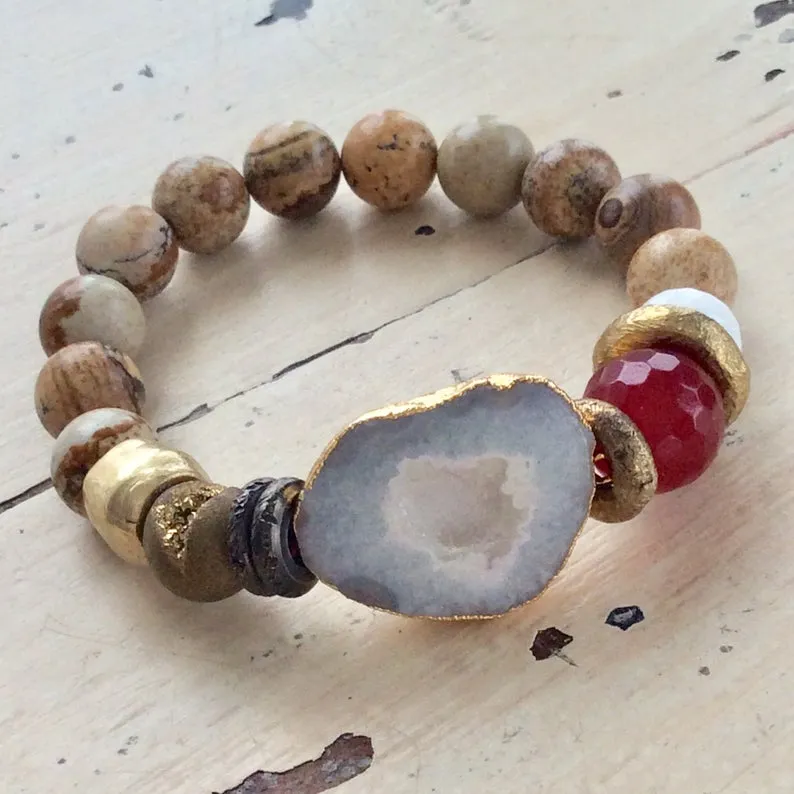 White Clear Quartz bracelet Druzy Crystal Natural Jasper Bracelet