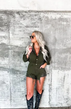 Why You Callin' Olive Denim Romper