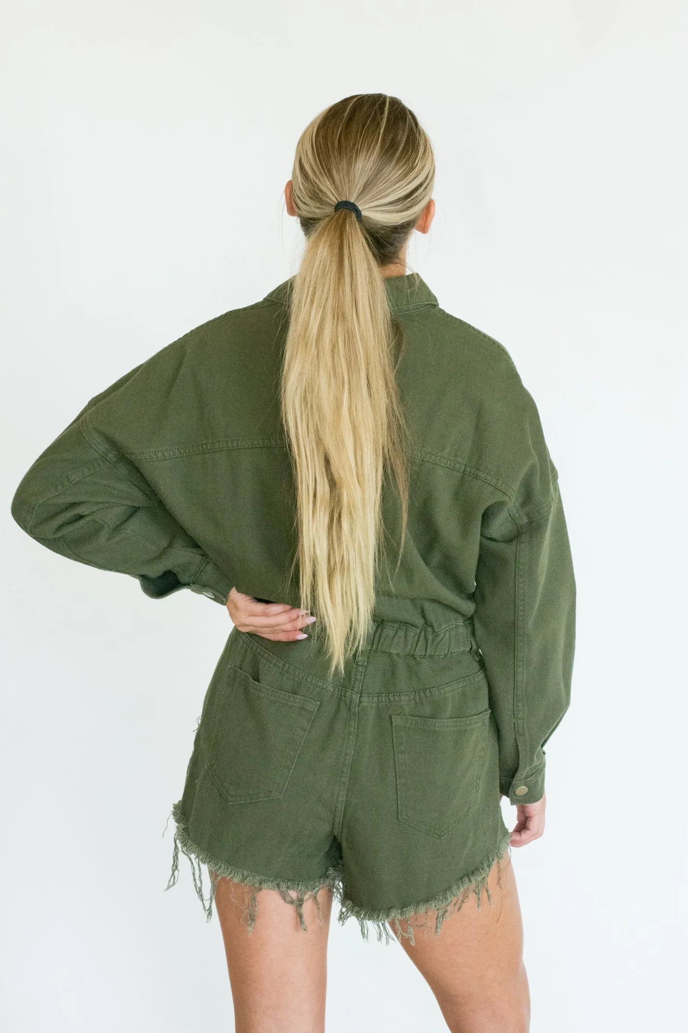 Why You Callin' Olive Denim Romper