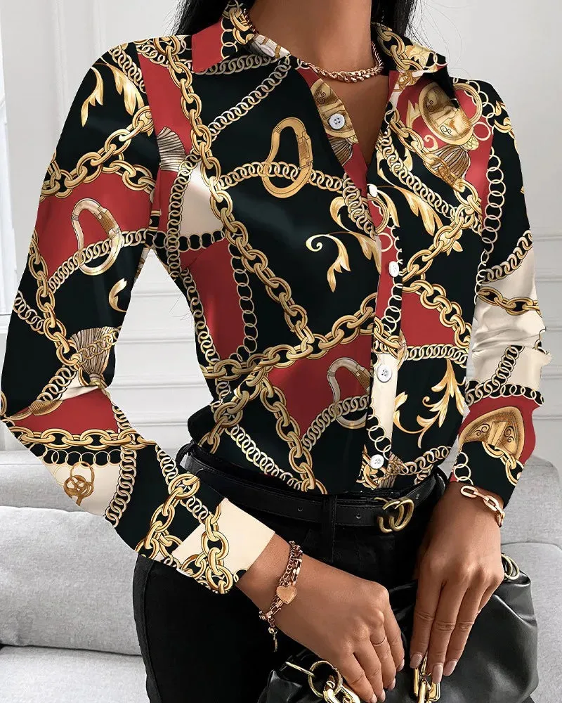 Women Fashion Wild Shirts Chain/Floral/Letter/Geometric Square Print Turn-Down Collar Long Sleeve Blouses