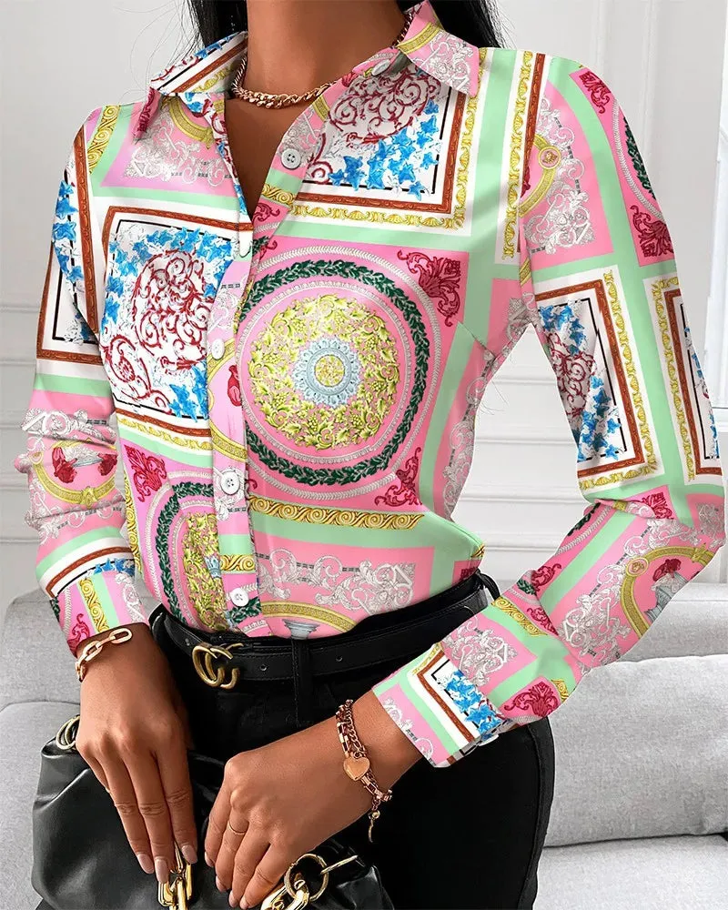 Women Fashion Wild Shirts Chain/Floral/Letter/Geometric Square Print Turn-Down Collar Long Sleeve Blouses