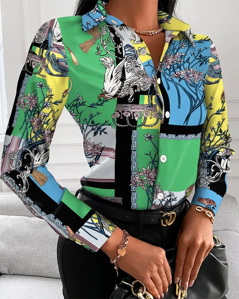 Women Fashion Wild Shirts Chain/Floral/Letter/Geometric Square Print Turn-Down Collar Long Sleeve Blouses