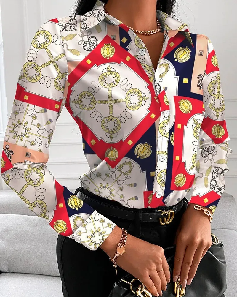 Women Fashion Wild Shirts Chain/Floral/Letter/Geometric Square Print Turn-Down Collar Long Sleeve Blouses