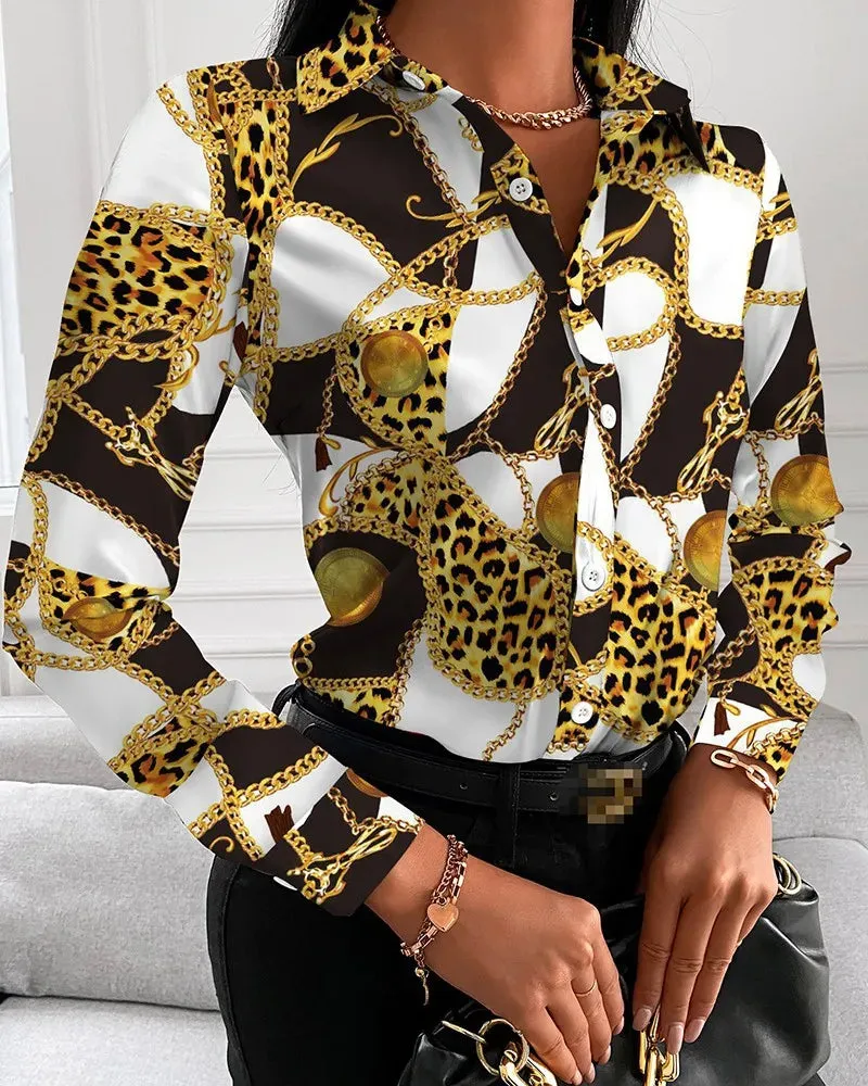 Women Fashion Wild Shirts Chain/Floral/Letter/Geometric Square Print Turn-Down Collar Long Sleeve Blouses